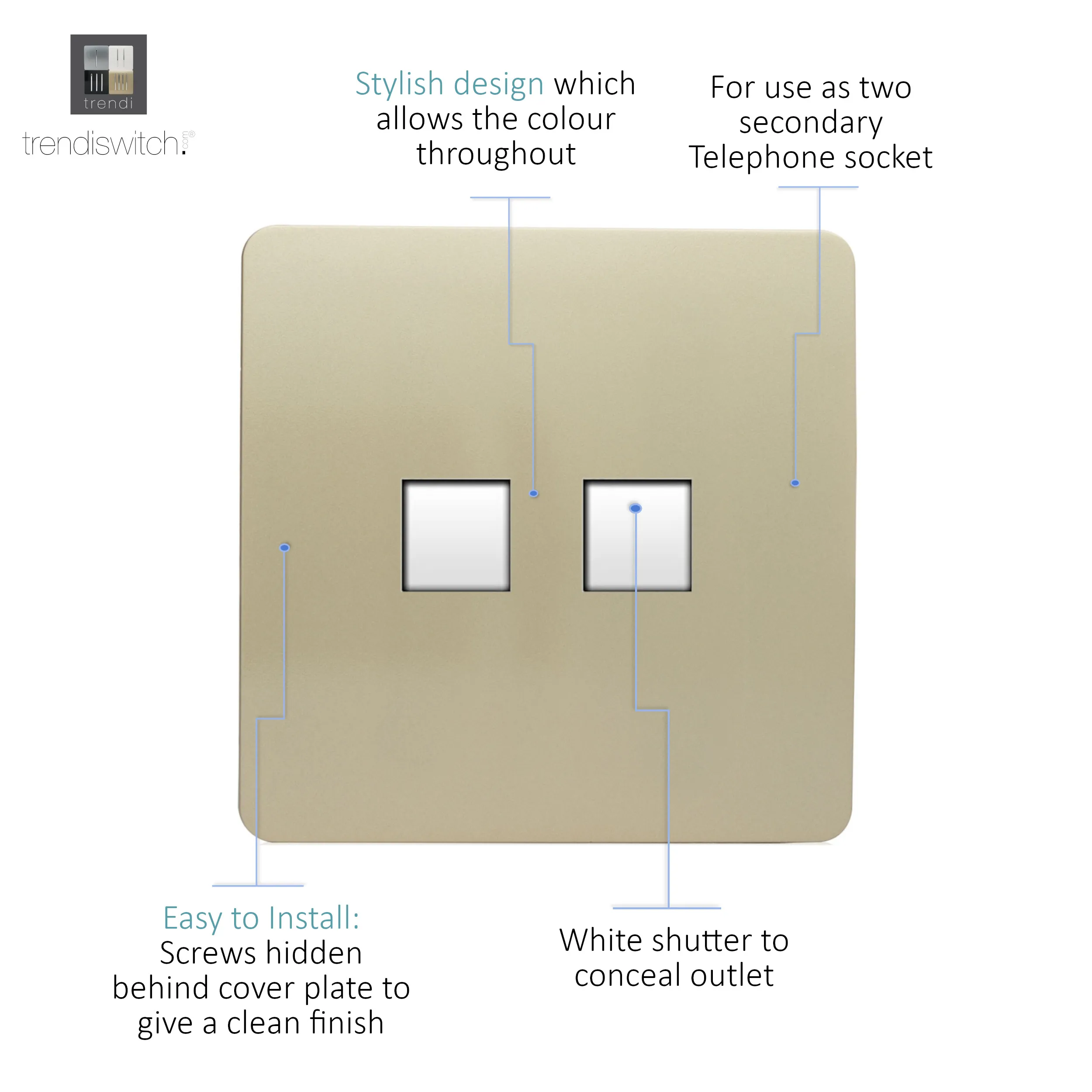 Twin PC Ethernet Cat 5/6 Data Outlet Champagne Gold ART-2PCGO  Trendi Champagne Gold